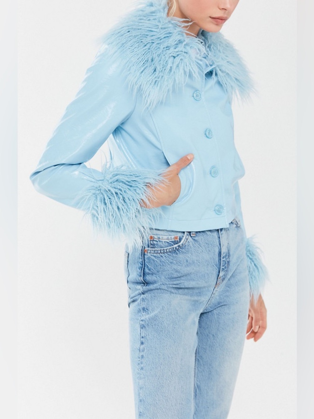 Urban Outfitters Mia Pleather Faux-Fur Trim Jacket in Sky - Size Large